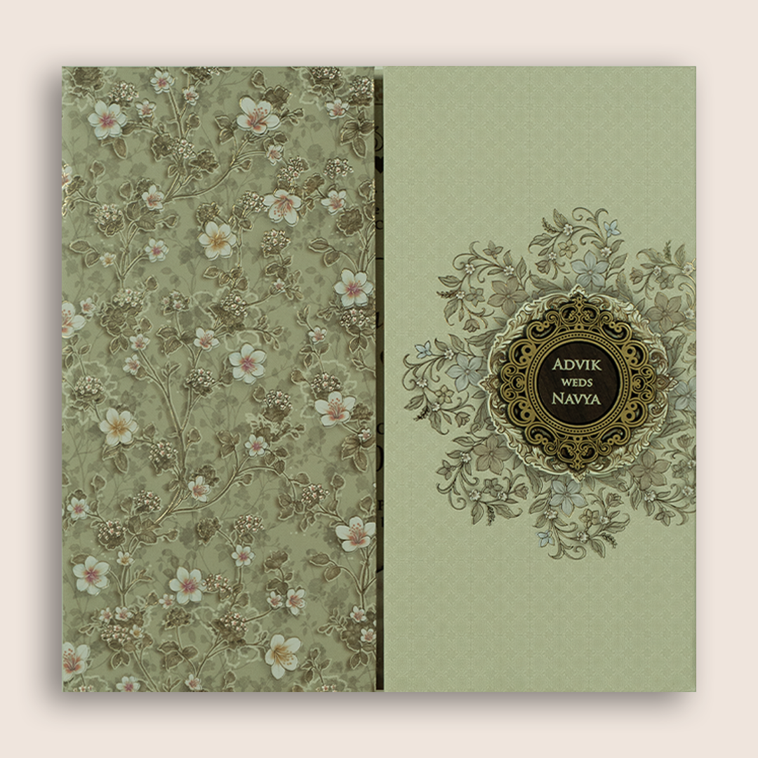 Pale Green Floral Padded Door Style Wedding Invitation - KSH18690