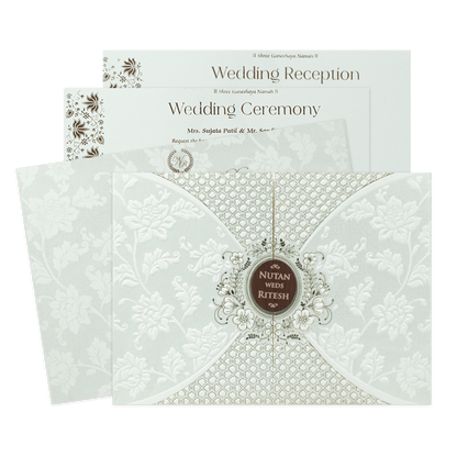 White Floral Embossed Patterned Wedding Card - KRE28600