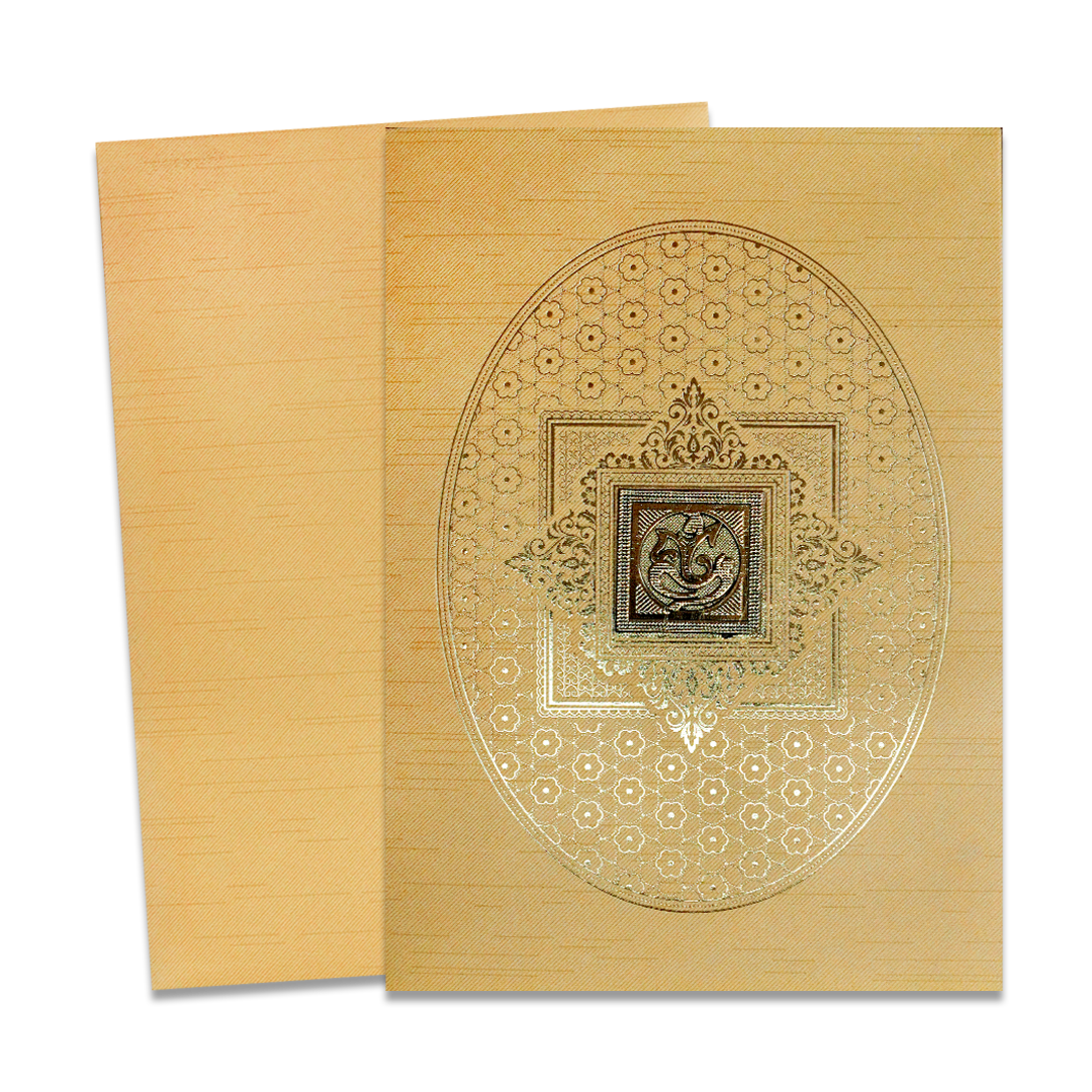 Gold Ganesh Embossed Oval Wedding Card-KNKR042G