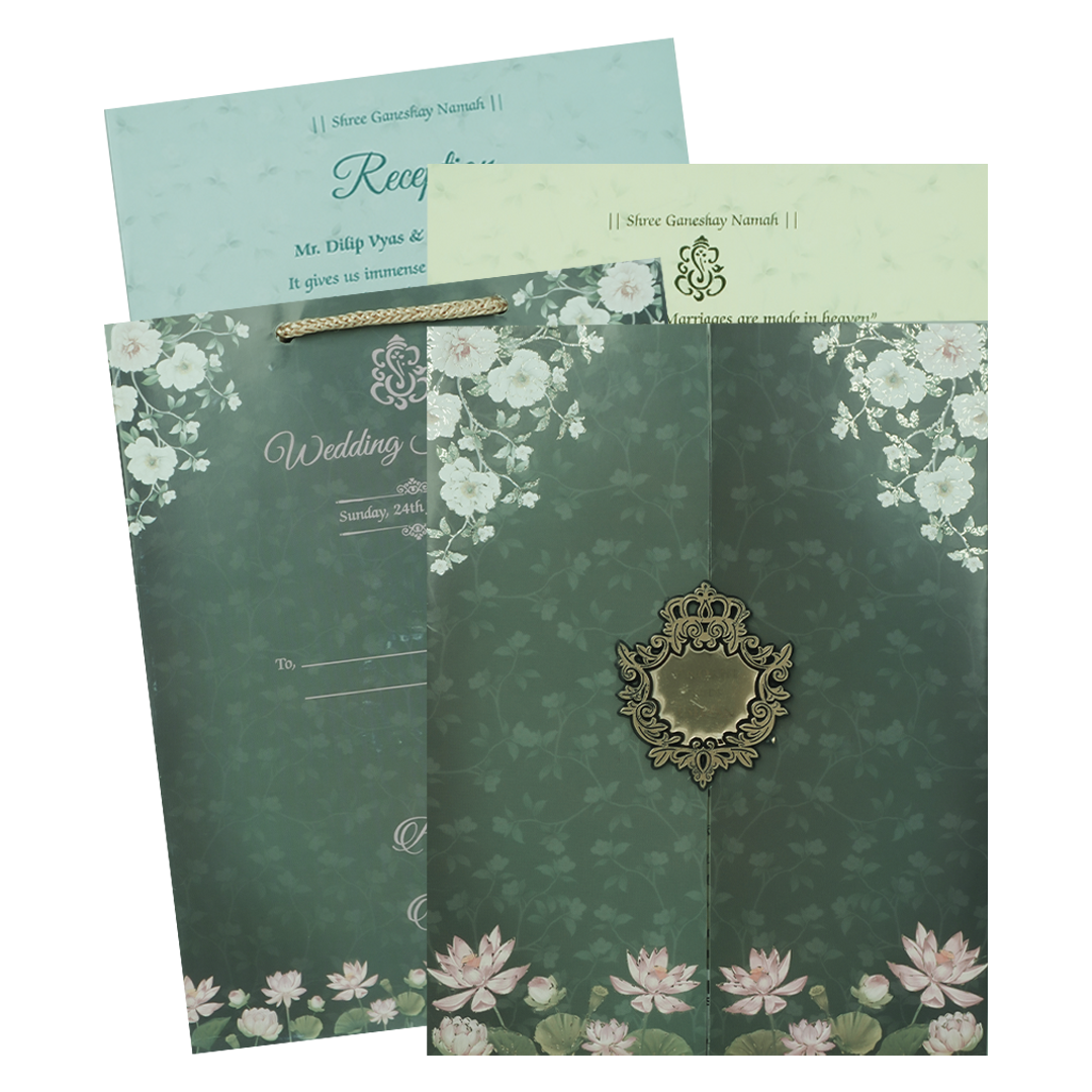 Green Lotus Floral Bag Wedding Card-KJTS3649
