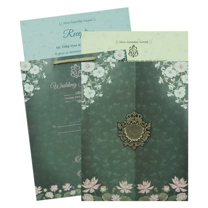 Green Lotus Floral Bag Wedding Card-KJTS3649
