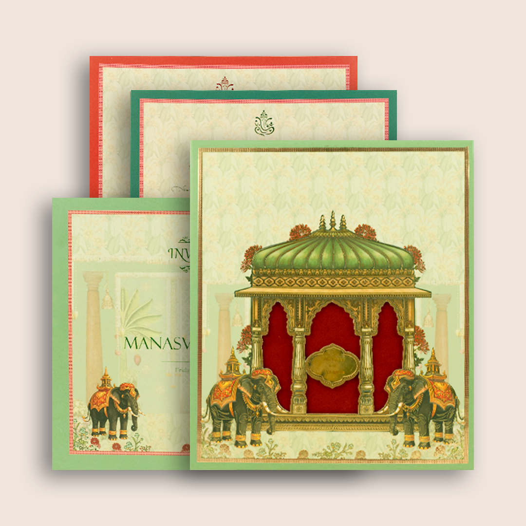 Green Padded Elephant Laser Cut Wedding Card - KVN08090