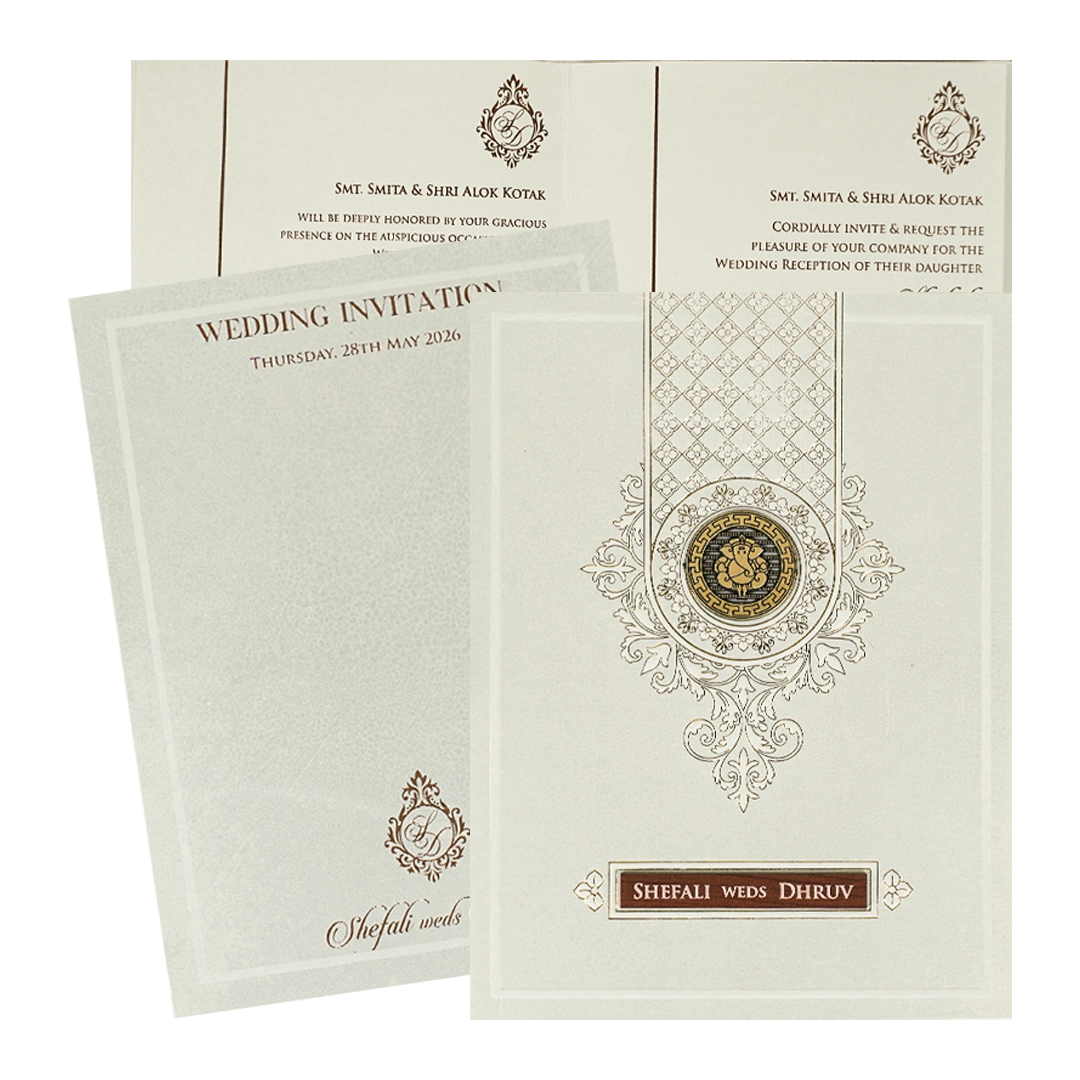 White Monogram Ganesha Embossed Wedding card-KRE28440