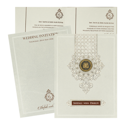 White Monogram Ganesha Embossed Wedding card-KRE28440