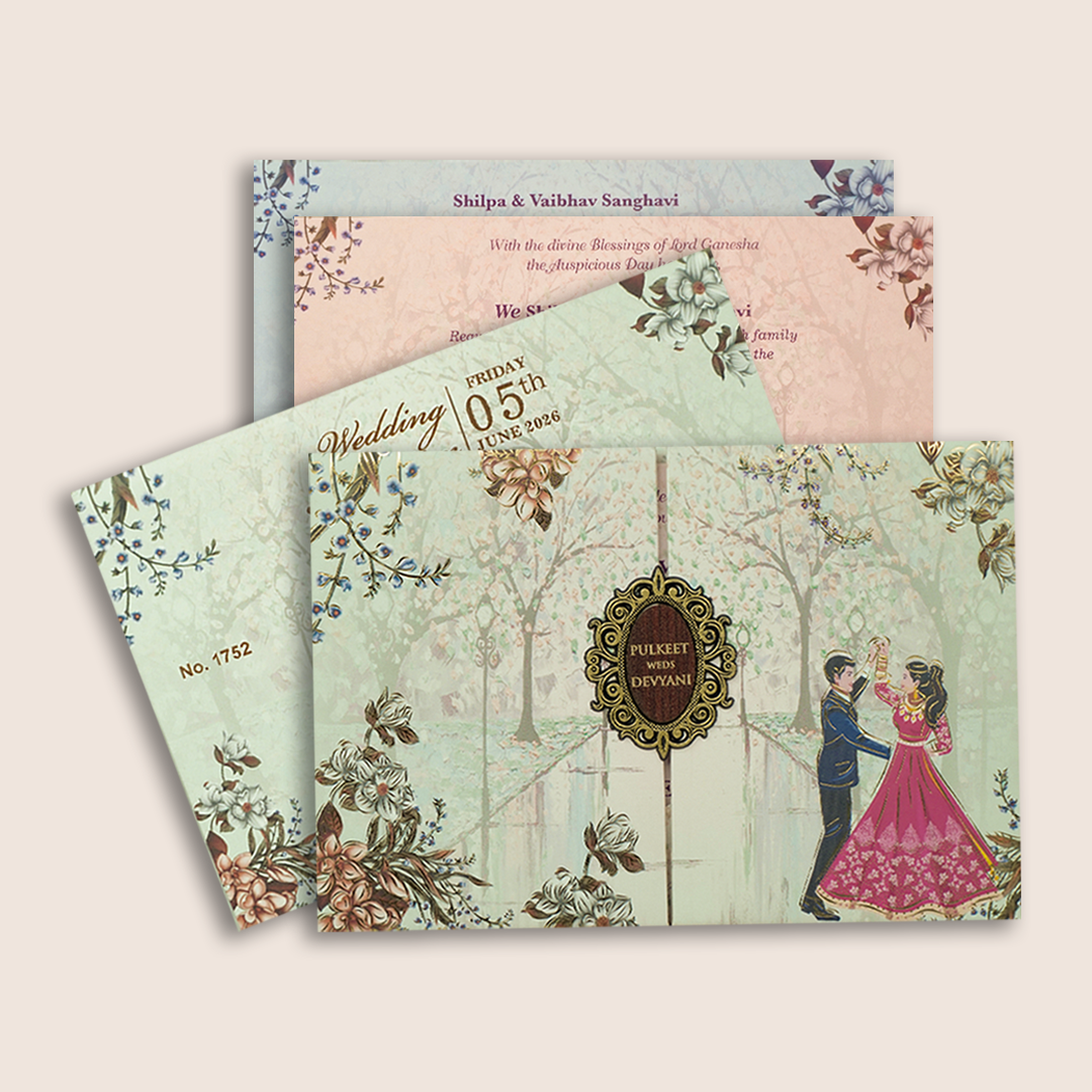 Pastel Green Bride Groom Door Style Marriage Card - KJTS1752