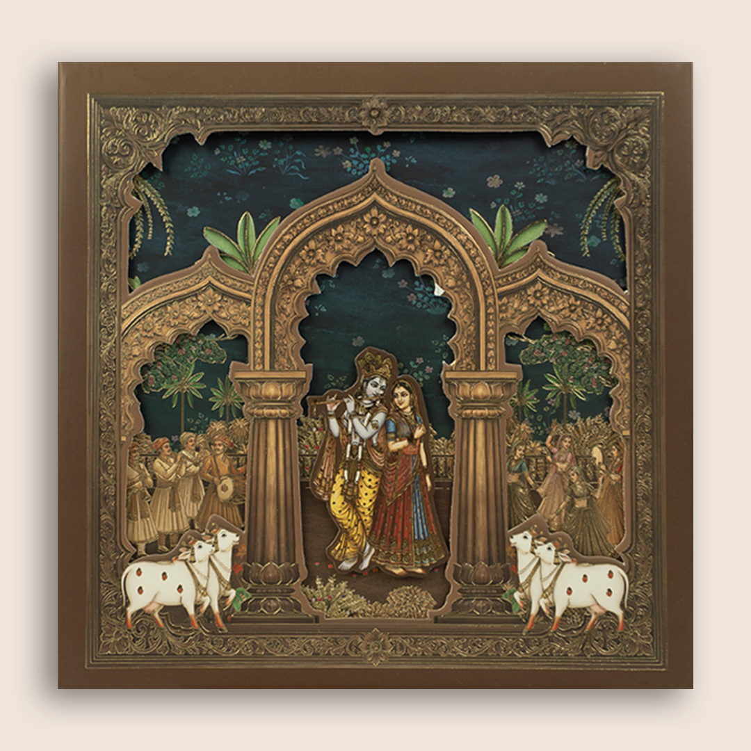 Brown Lord Radha Krishna Laser Cut Padded Wedding Card - KRB10700
