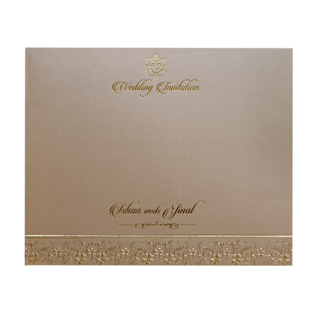 Beige Gold Padded Royal Elephant Embossed Wedding Card - KMMWD1108