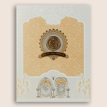 Yellow Embossed Balaji Padmavathi Padded Wedding Card - KNMS9310