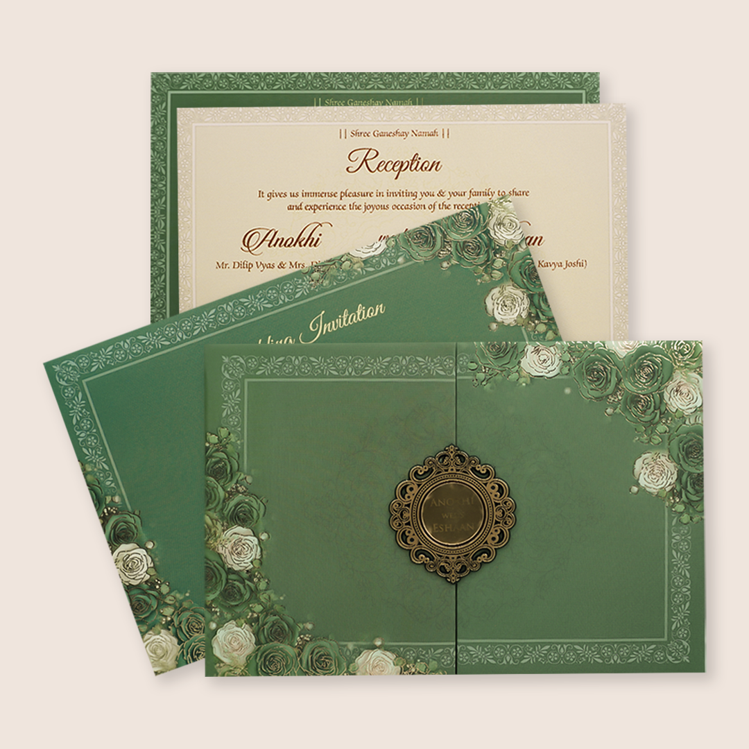 Green Floral Padded Door Style Invitation Card - KJTS3672