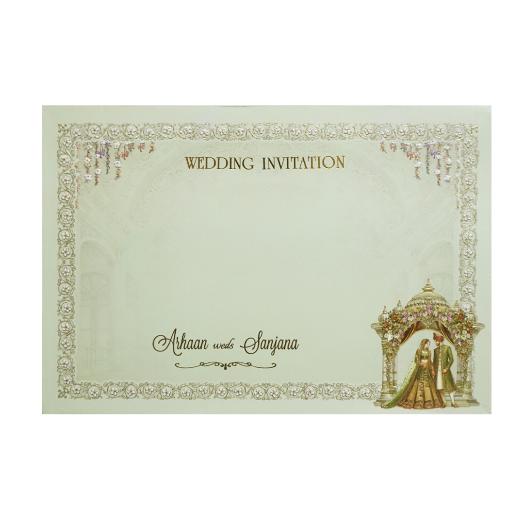 Green Gold Royal Palace Bride &amp; Groom Padded Wedding Card - KMMEX8080