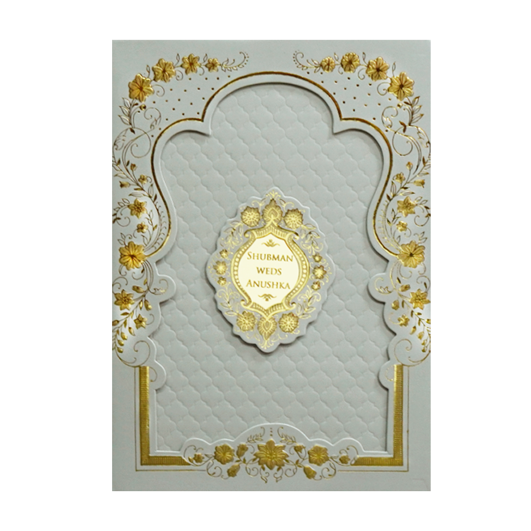 Grey Padded Embossed Floral Wedding Invitation Card-KRB09681