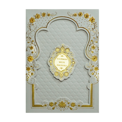 Grey Padded Embossed Floral Wedding Invitation Card-KRB09681