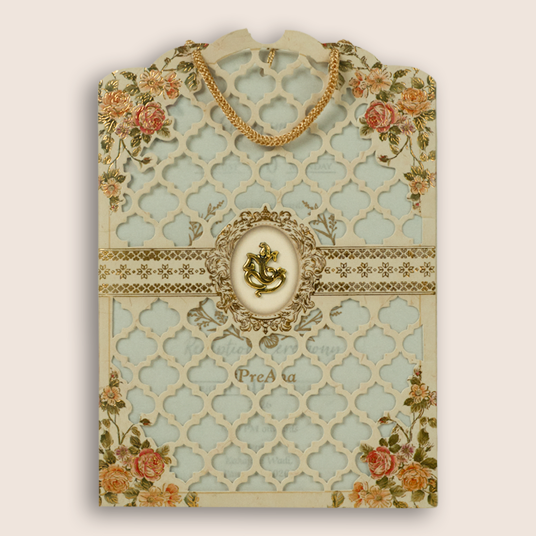 Cream Rose Floral Laser Cut Bag Style Wedding Invitation - KVN06340