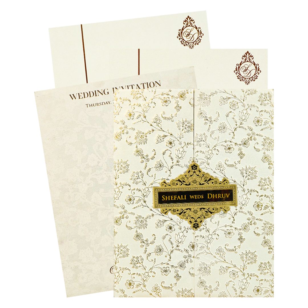 White Gold Foil Floral Padded Wedding card-KRE28240