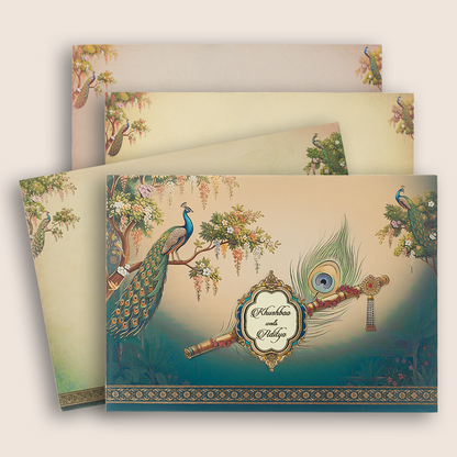 Cream Padded Floral Krishna Flute Wedding Card -  KAA06150