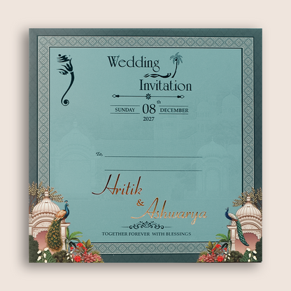 Blue Padded  Peacock Floral Wedding Card - KSH18620