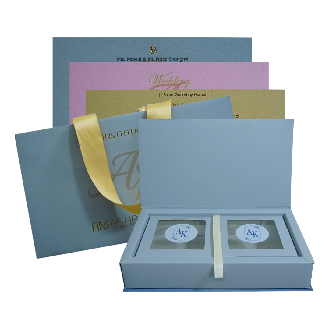 Blue Grey Fabric Sweet Box Invitation-KRC30820