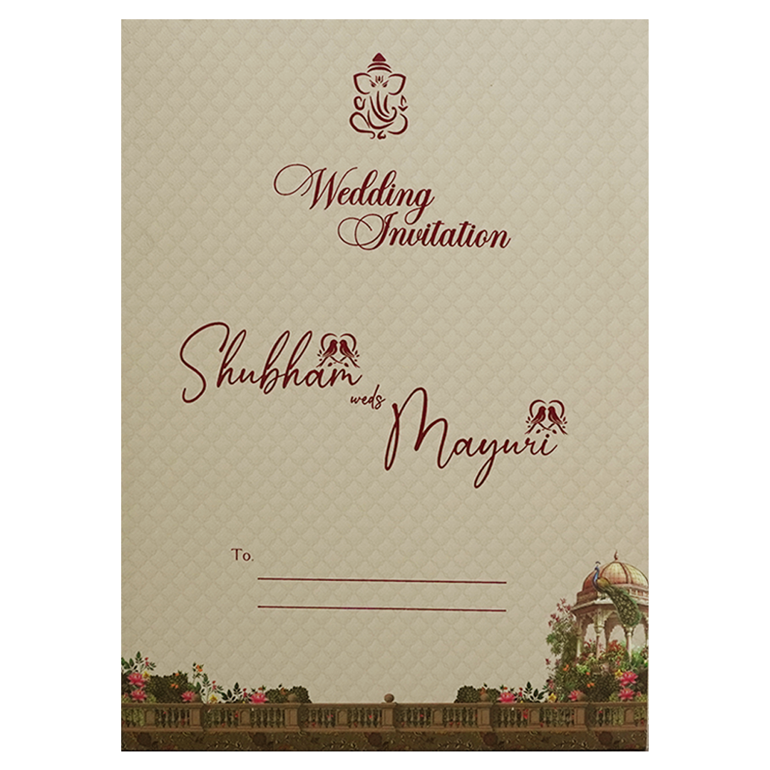 Cream Palace Peacock Padded Wedding Card - KSH72470