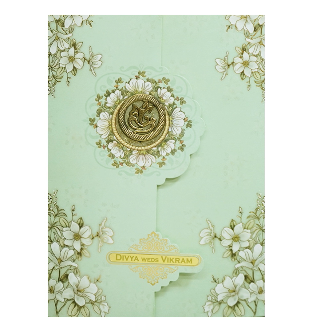 Green Floral Ganesha Double Door Wedding Card - KNLY6104