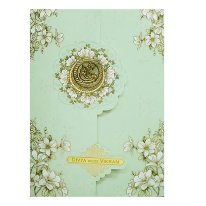 Green Floral Ganesha Double Door Wedding Card - KNLY6104