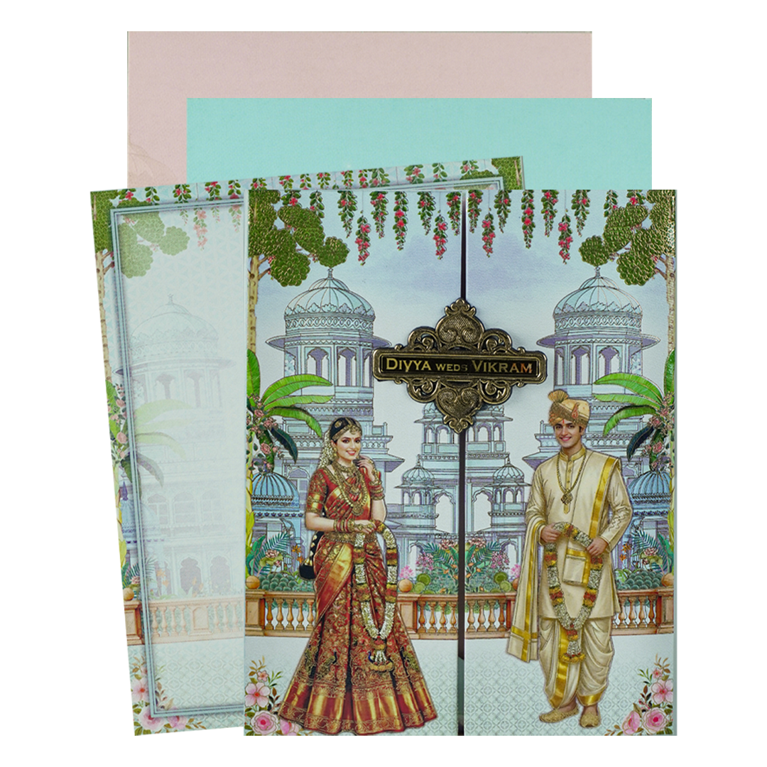 Blue Padded Bride Groom Wedding Card-KNMO9317