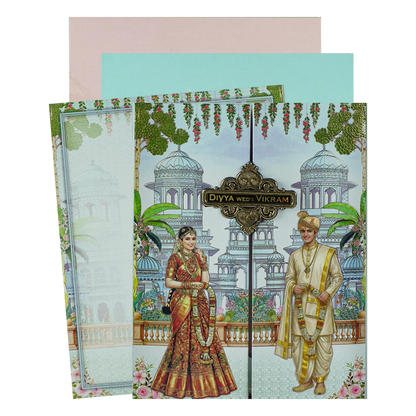 Blue Padded Bride Groom Wedding Card-KNMO9317