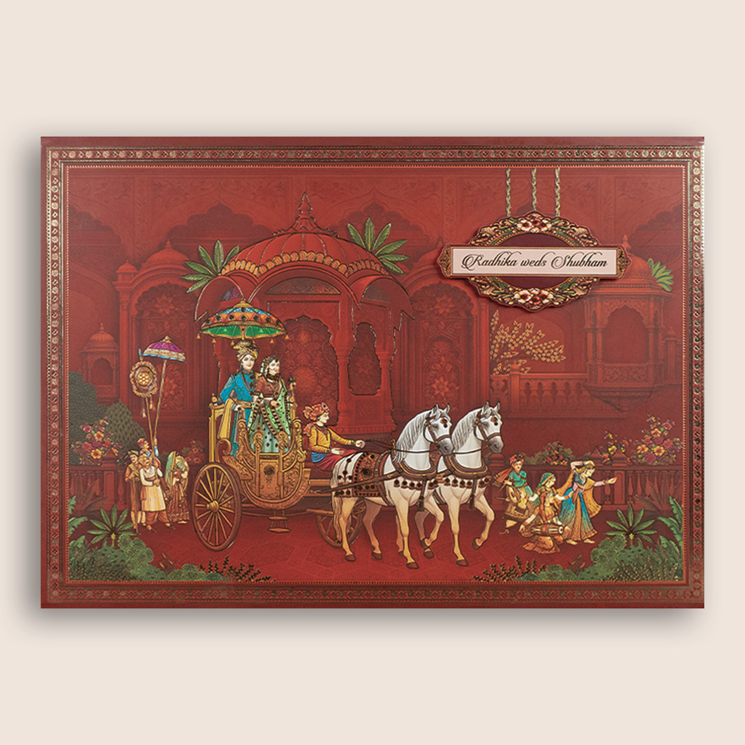 Red Royal Bride Groom Baraat Padded Wedding Card - KSH18260