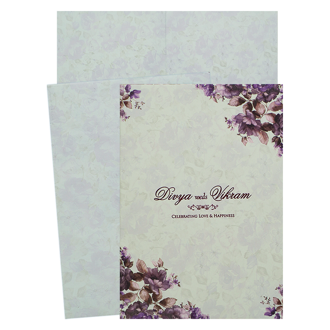 Violet Prince Paper Print Floral Wedding Card In Offset Printing-KNPP680V