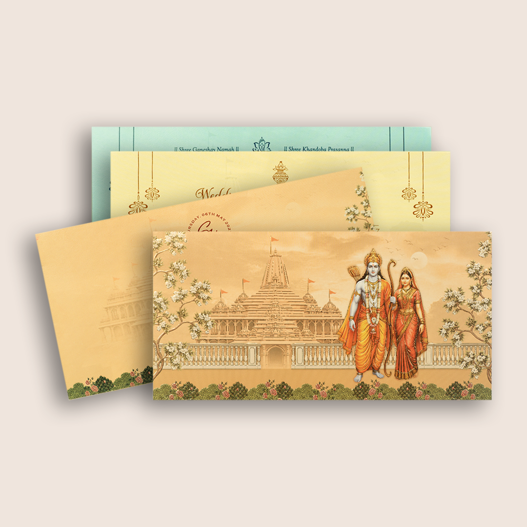 Sandal Embossed Lord Rama Sita Wedding Invitation - KVN08020