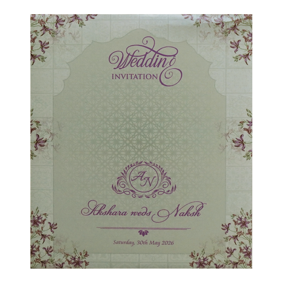Green Purple Floral Circular Nameplate Wedding Card - KVN07620