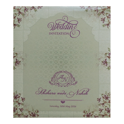 Green Purple Floral Circular Nameplate Wedding Card - KVN07620