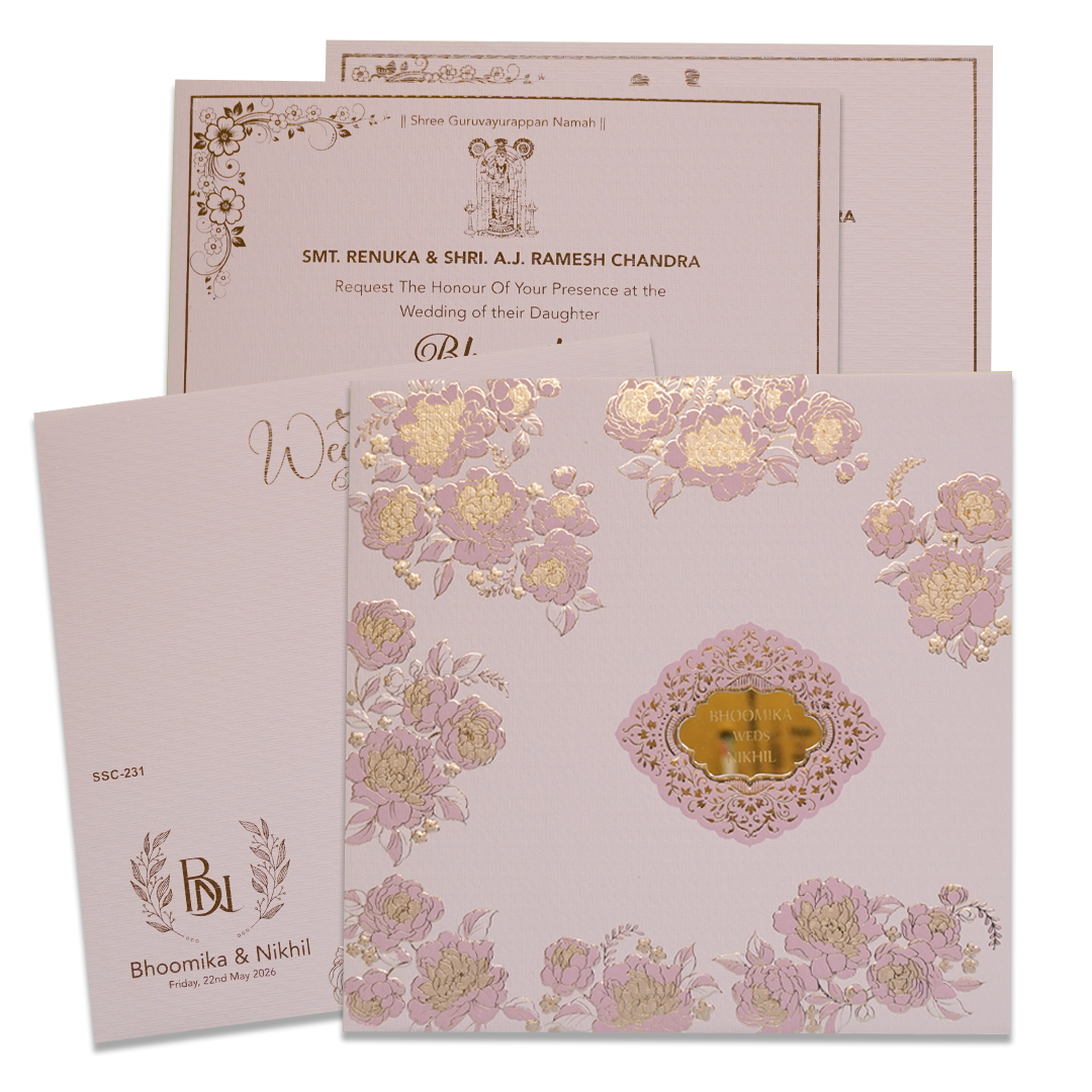 Pink Floral Gold Padded Wedding Card - KSSC2310
