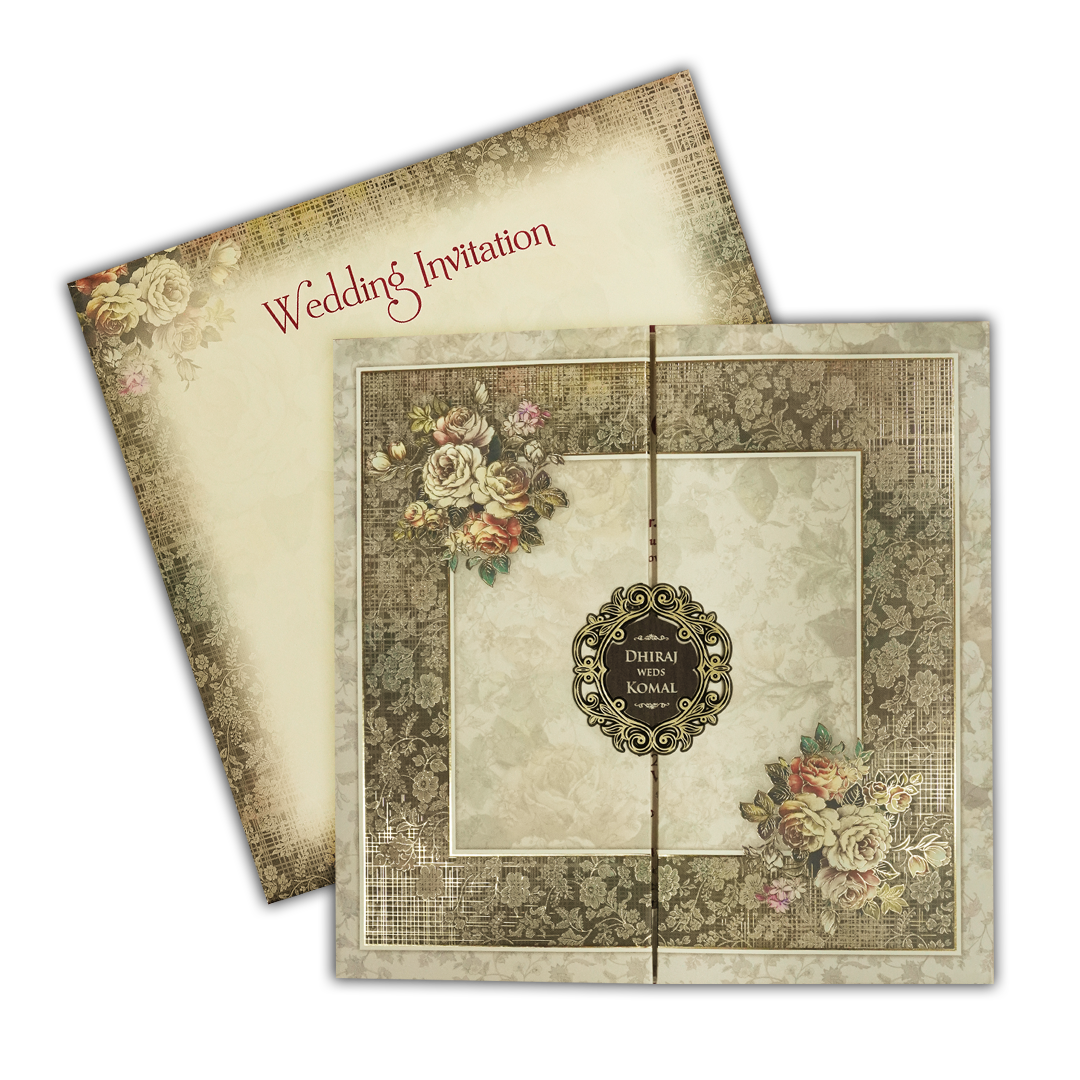 Cream Floral Padded Wedding Card-KSH72670