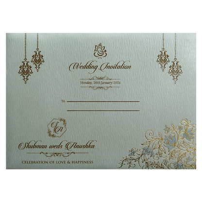 Light Grey Padded Door Style Embossed Gold Foil Wedding Invitation Card-KRB09760