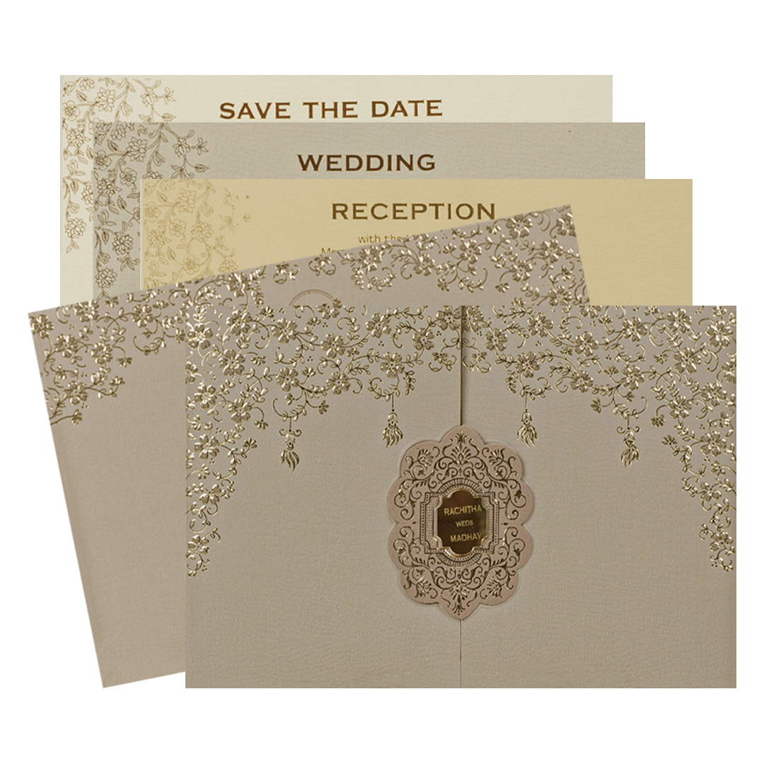 Pink Gold Floral Embossed Wedding Card-KSI64670