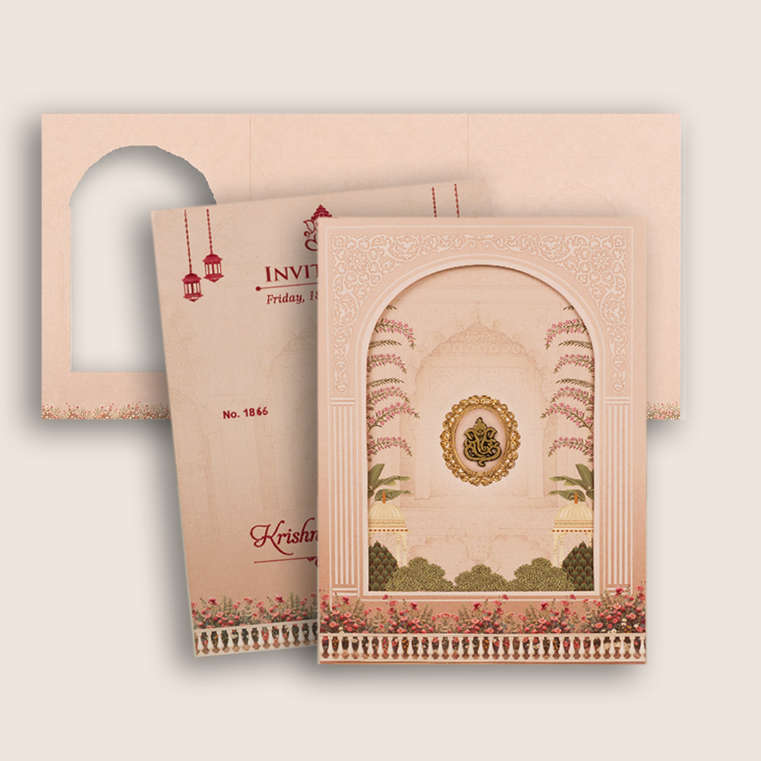 Pink Jharokha Laser Cut Wedding Invitation Card - KJTS1866