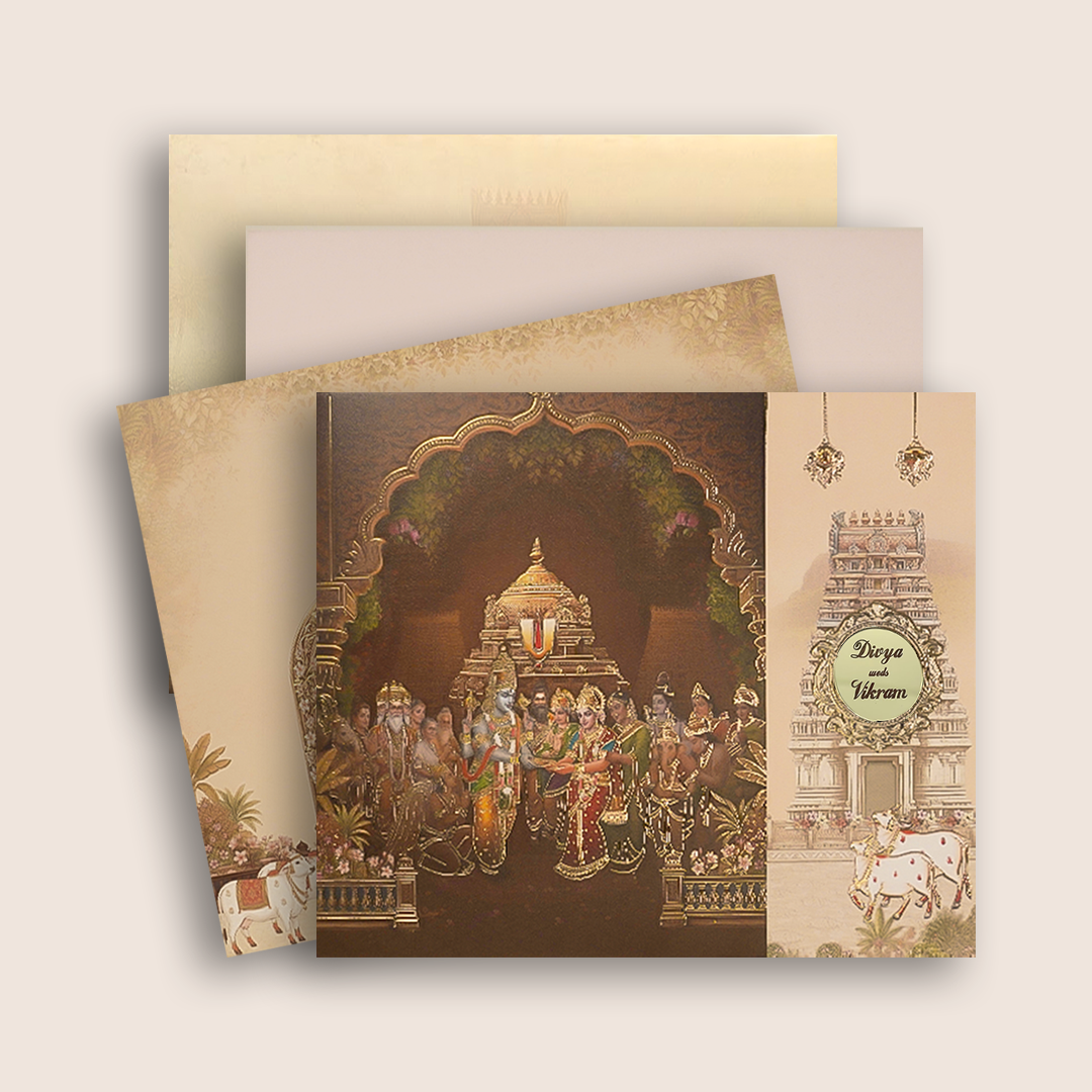 Brown Balaji Padmavathi Door Style Wedding Card - KNCR8911