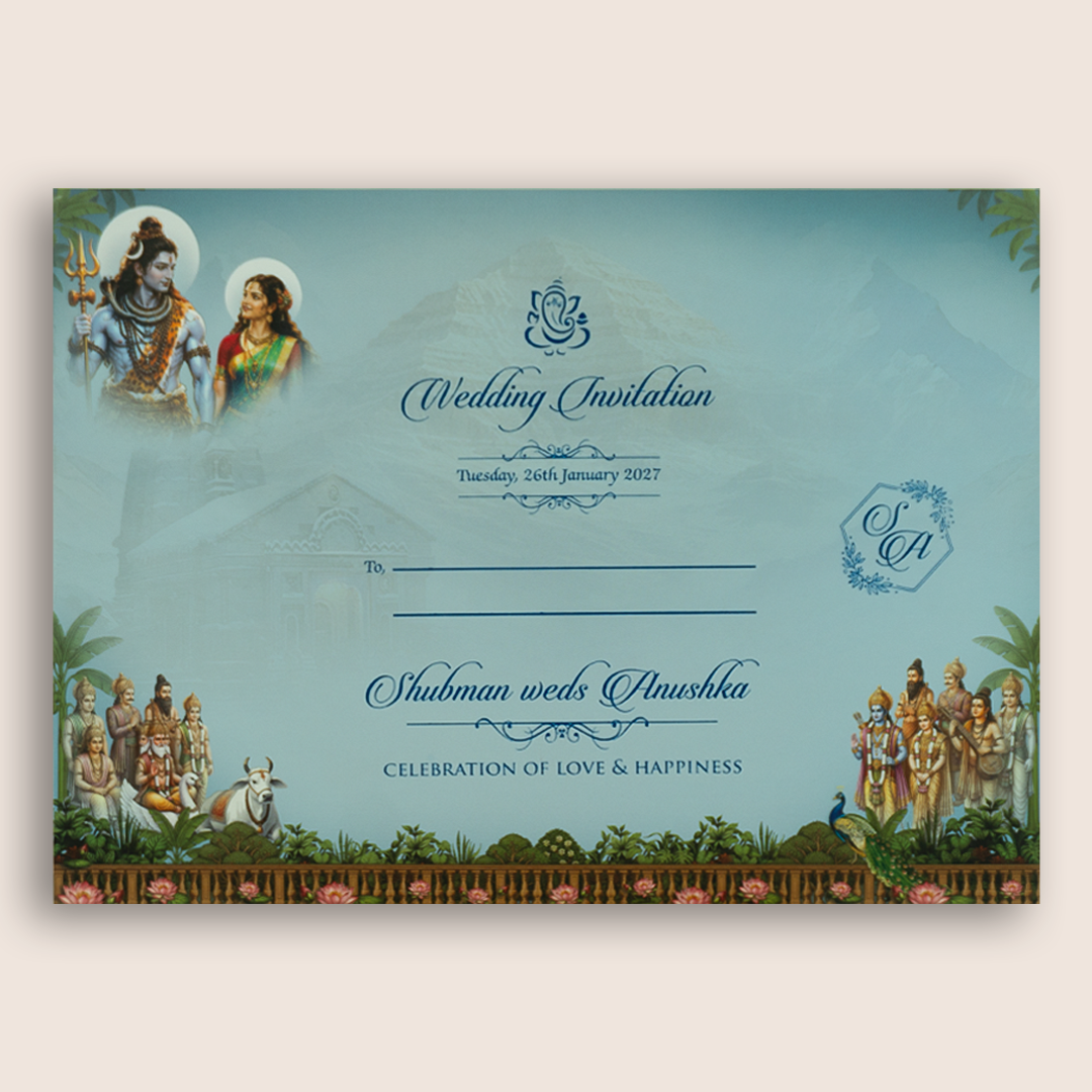 Blue Lord Shiva Parvathi Padded Wedding Invitation Card - KRB10780