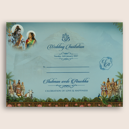 Blue Lord Shiva Parvathi Padded Wedding Invitation Card - KRB10780