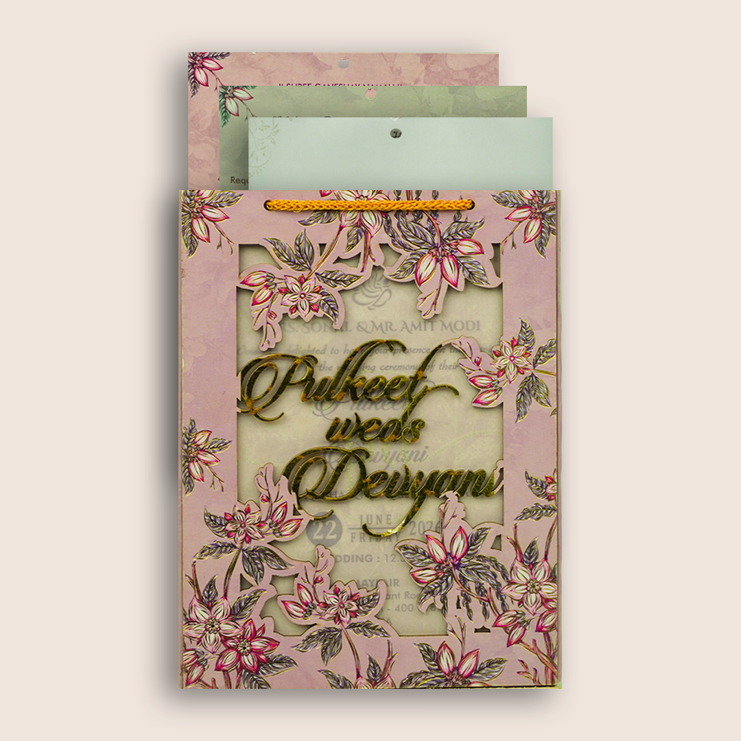 Lavender Floral MDF Laser Cut Marriage Invitation Card - KJTS1716
