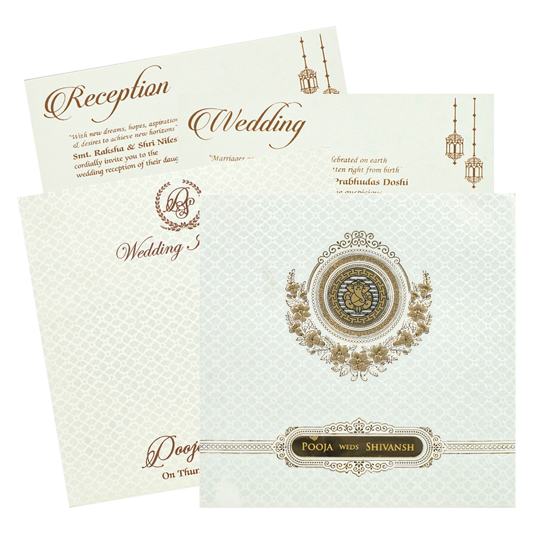 White Ganesha Floral Padded Wedding Card-KRE27590