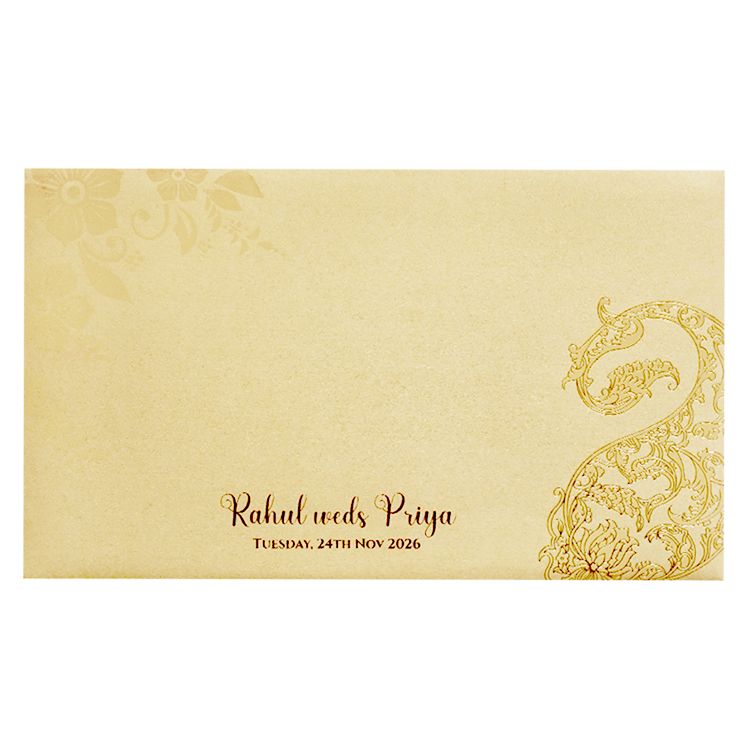 Light Yellow Gold Embossed Paisley Wedding Invitation Card-KPR06380