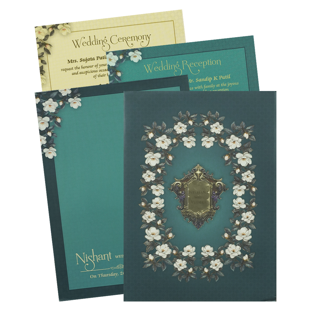 Blue Floral Gold Frame Padded Wedding Card-KRE27970