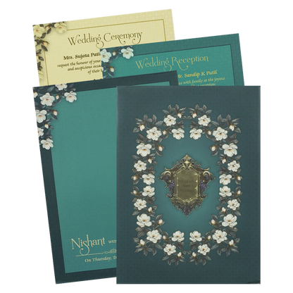 Blue Floral Gold Frame Padded Wedding Card-KRE27970