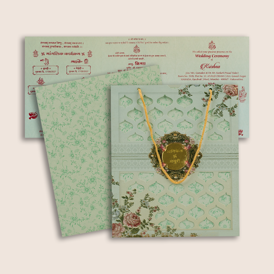 Pastel Blue Floral Laser Cut Bag Style Wedding Card - KJTS1838
