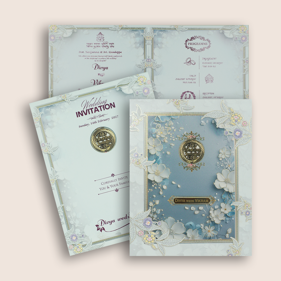 Pastel Blue Floral Wedding Invitation Card - KNKN6323