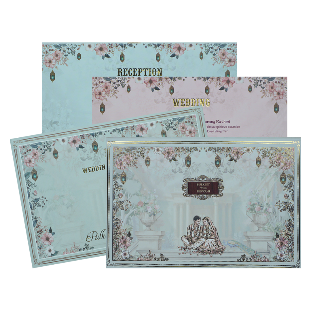 Check out Blue Couple Floral Padded Wedding Card at best price.✅WhatsApp Support ✅Express Delivery.|King of cards.