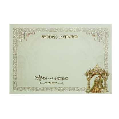 Green Gold Royal Palace Bride &amp; Groom Padded Wedding Card - KMMEX8080