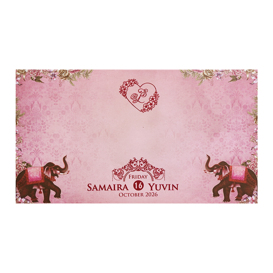 Pink Royal Elephant Floral Padded Wedding Card - KVN07470
