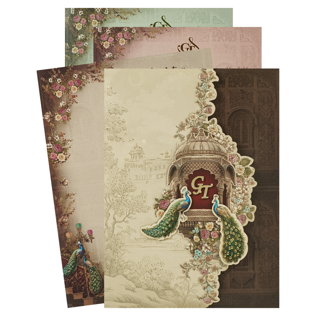 Brown Peacock Mandir Wedding Card-KSI64790